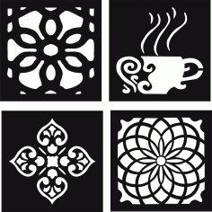Decorative Motifs Of Flower Squares And Coffee Cup For Laser Cut Free Vector File