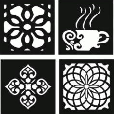 Decorative Motifs Of Flower Squares And Coffee Cups For Laser Cut Cnc Free Vector File