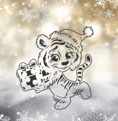 Happy New Year 2022 Cute Tiger With Gift Box For Laser Cut Free Vector File