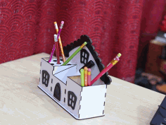 House Design Pencil Holder Office Desk Organizer Pen Stand 3mm Laser Cut Free Vector File