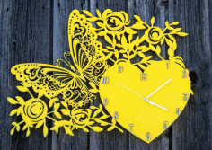 Laser Cut Decor Wall Clock With Butterfly Heart And Flowers Free Vector File
