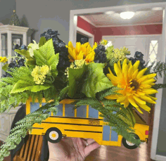 Laser Cut School Bus Flowers Box Free Vector File