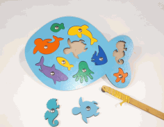 Laser Cut Wooden Fish Puzzle Educational Toy Sea Creature Peg Puzzle Free Vector File