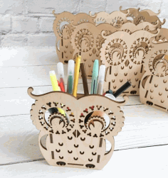 Owl Pen Pot Wooden Pencil Holder Laser Cut Free Vector File