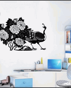 Peacock With Flowers Wall Decor Free DXF File