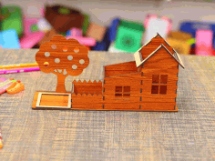 Pencil Box House Pen Holder Template 3mm Laser Cut Free Vector File