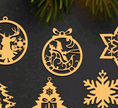 Round Santa Sleigh Stars Moon Hanging Ornament Christmas Tree Bauble Decoration Laser Cut Free DXF File