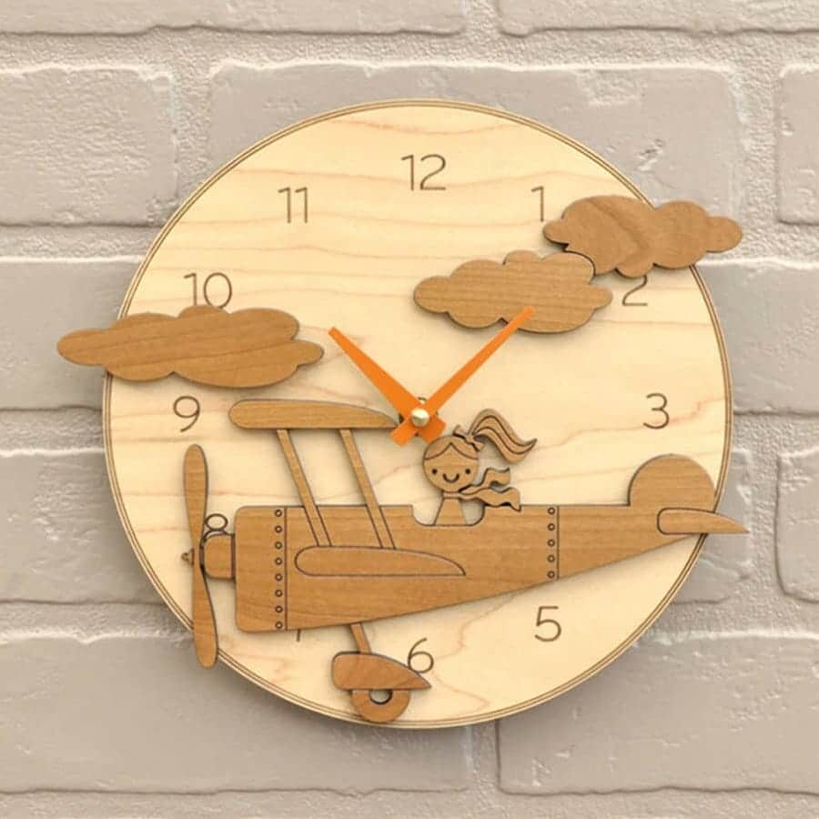 Airplane Girl Round Wooden Wall Clock For Kids Room Laser Cut Free Vector File