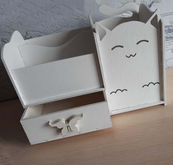 Cat Pencil Holder Desk Organizer With Drawer Laser Cut Free DXF File