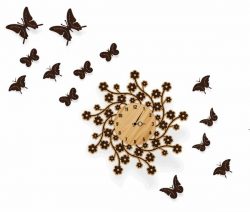 Chrysanthemum Wall Clock And Flying Butterflies For Laser Cut Plasma Free Vector File