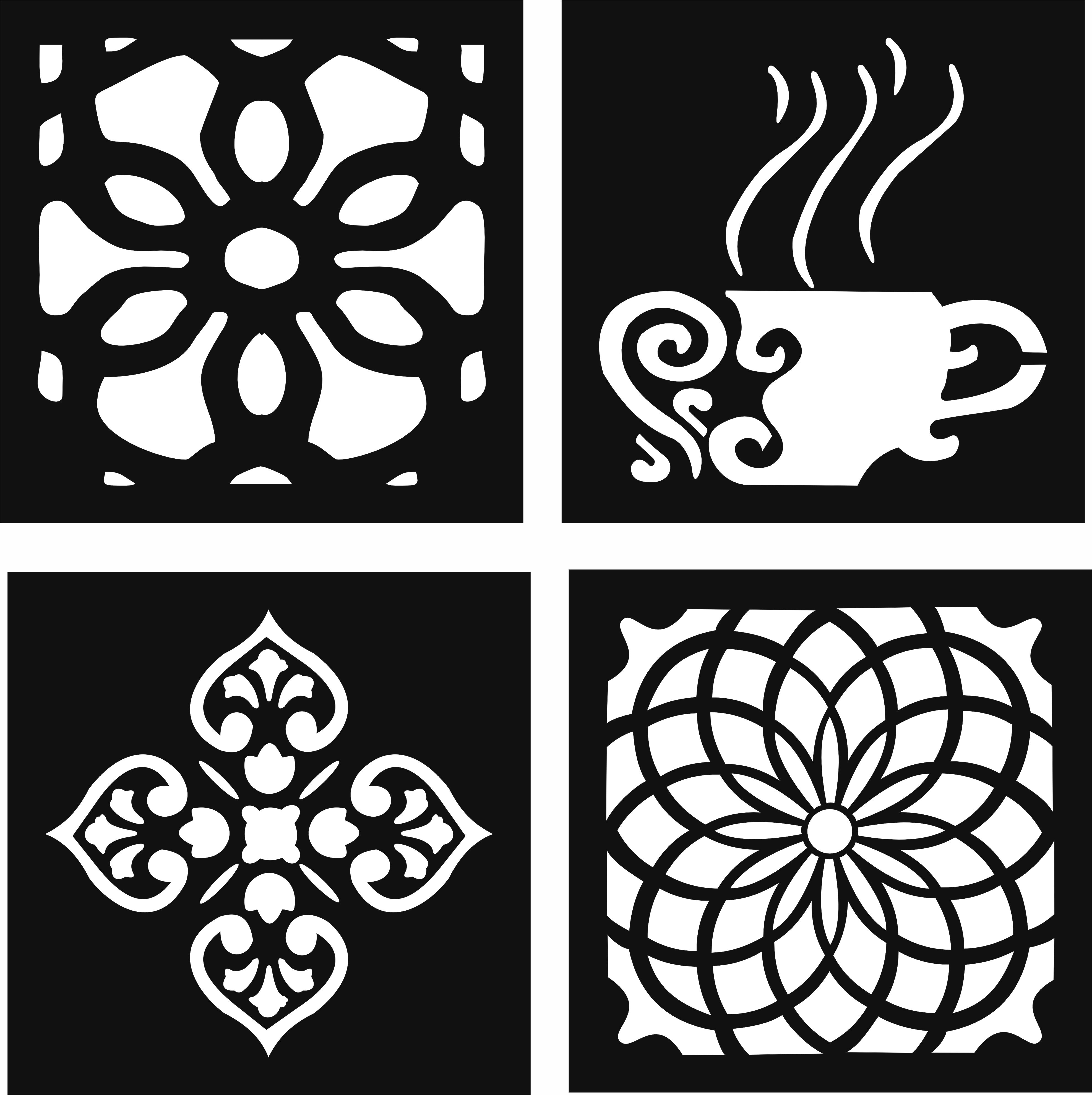 Decorative Motifs Of Flower Squares And Coffee Cup For Laser Cutting Free DXF File