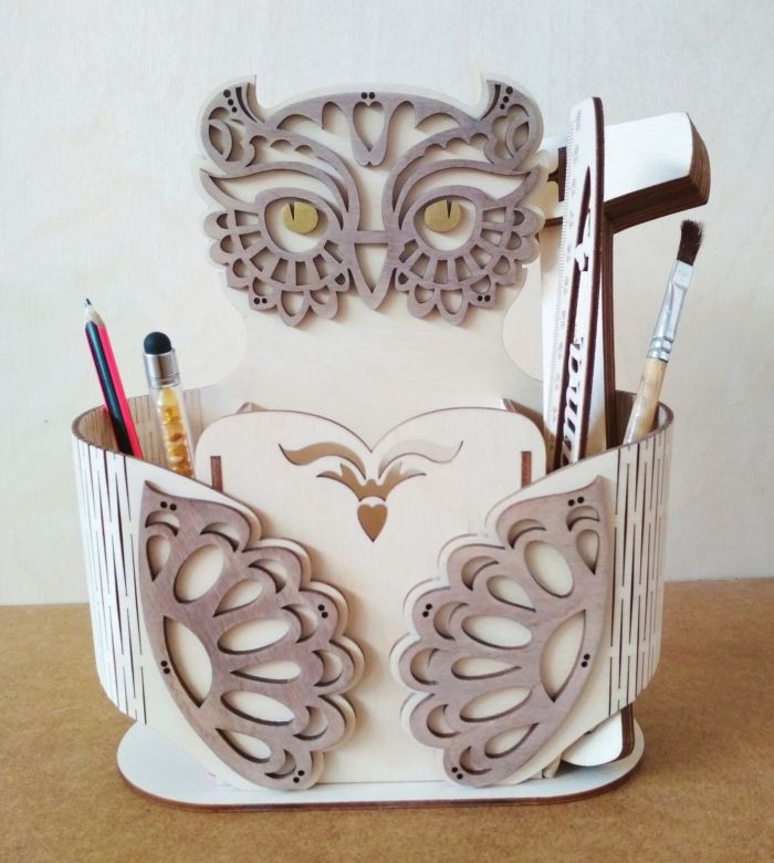 Laser Cut Decorative Owl Pencil Holder Free Vector File