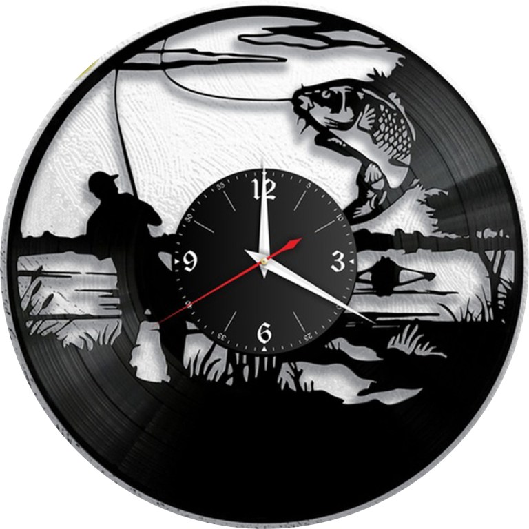 Laser Cut Fishing Vinyl Wall Clock Fisherman Men Dad Father Gift Free DXF File