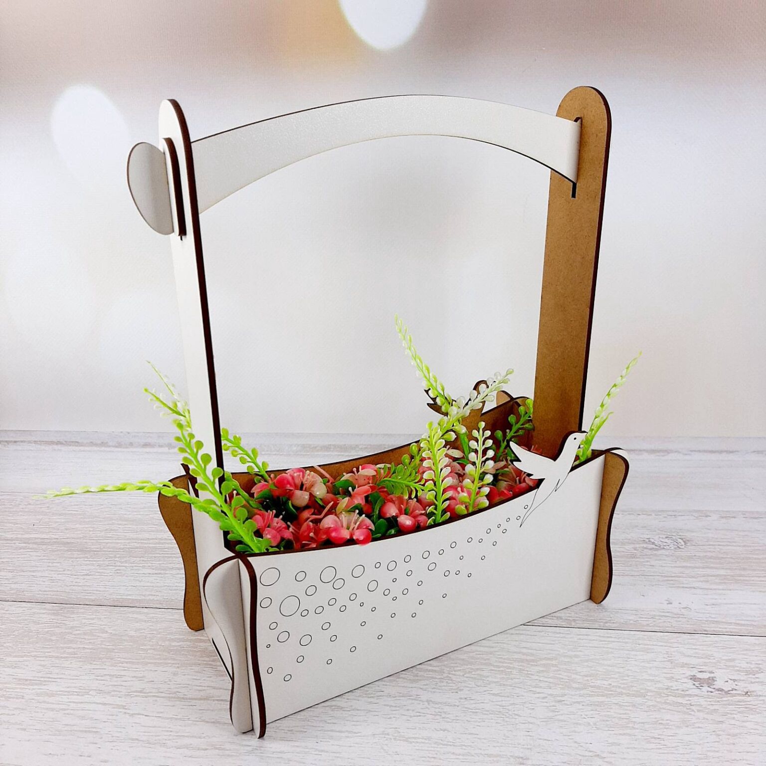 Laser Cut Flower Basket With Hummingbird Free Vector File