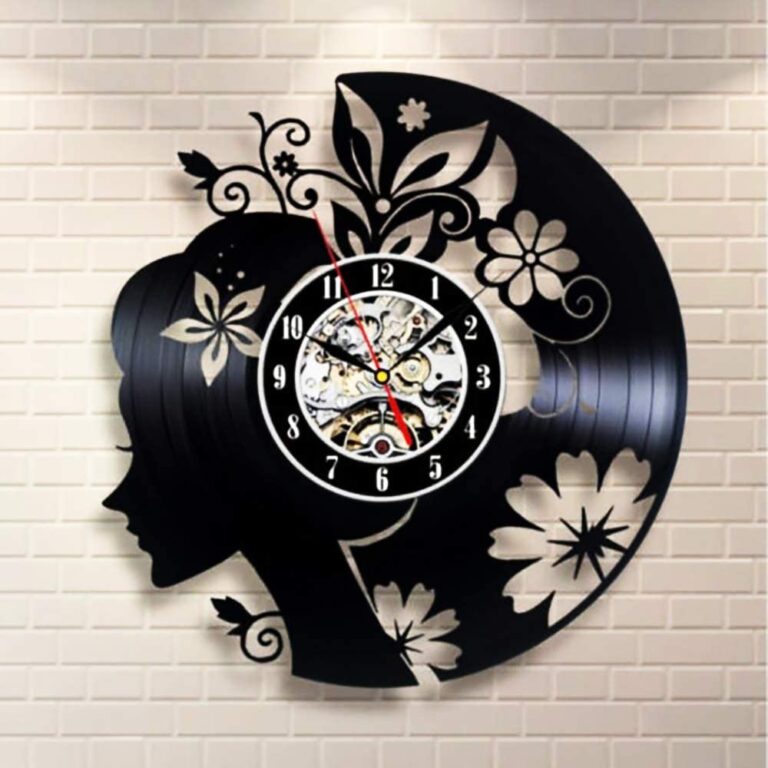 Laser Cut Flowers Girl Vinyl Record Wall Clock Free Vector File