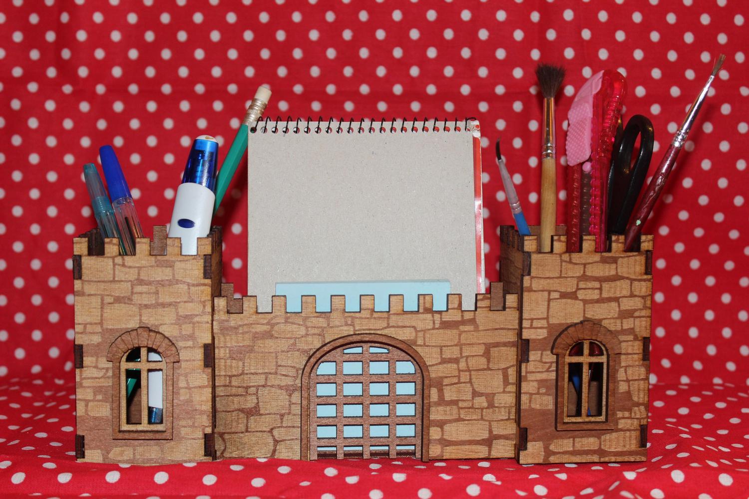 Laser Cut Fortress Desk Organizer Pen Holder Free DXF File