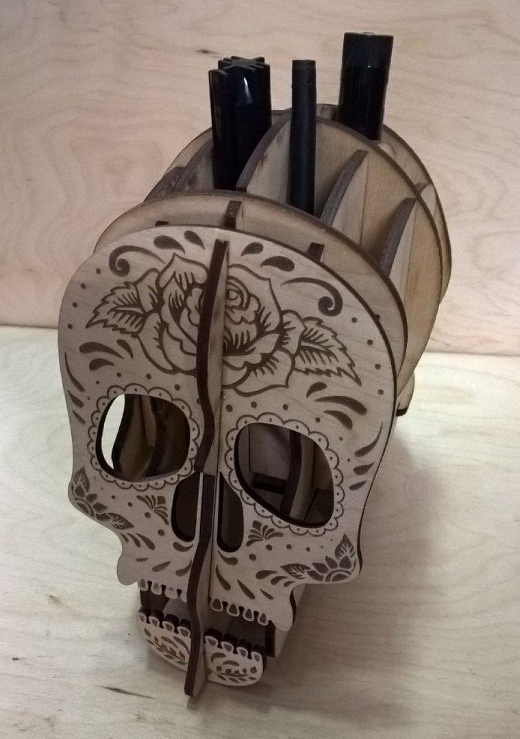Laser Cut Skull Pen Holder Desk Organizer Template Free Vector File