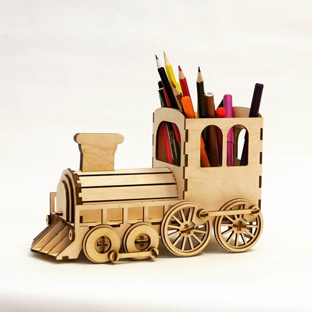 Laser Cut Steam Locomotive Pen Organizer With Bank Free Vector File