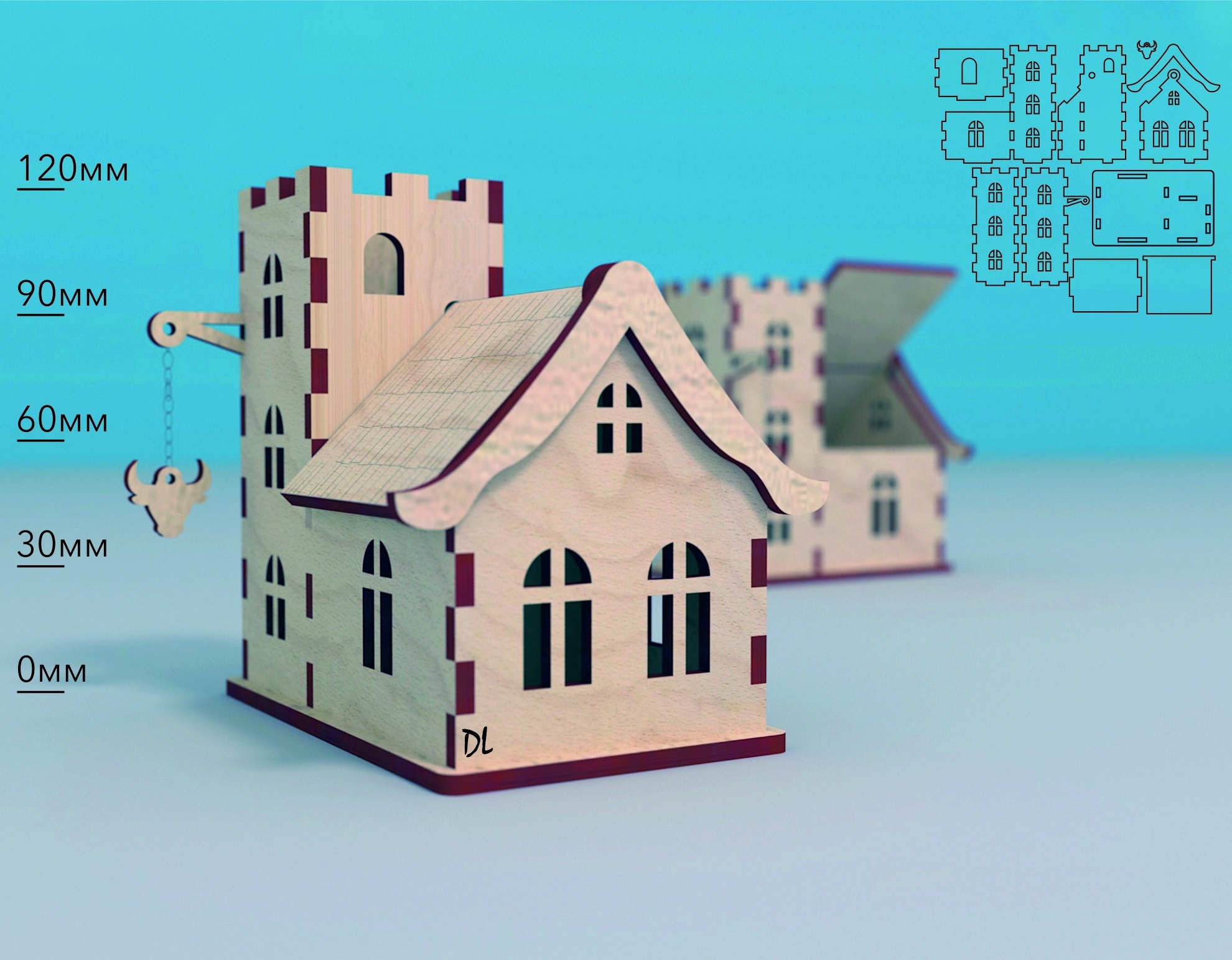 Laser Cut Wooden House Model Bull Tavern Hanging Sign 4mm Free Vector File