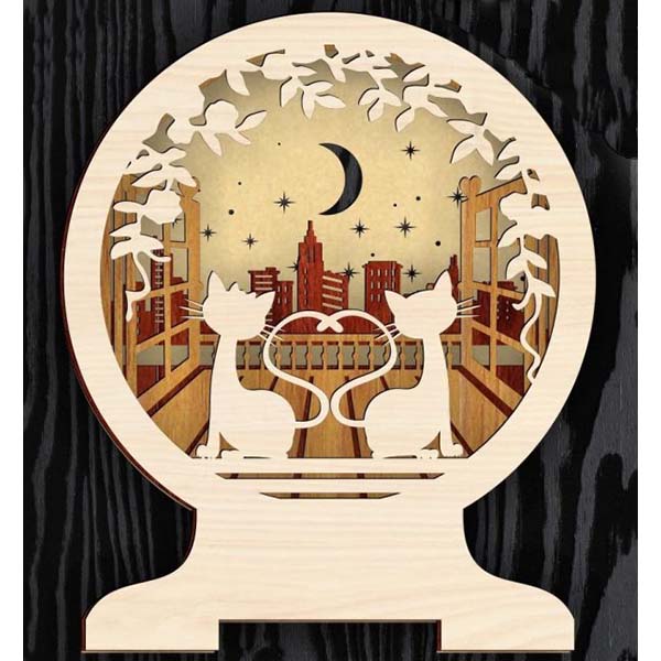 Laser Cut Wooden Multilayer Cat With Moon Led Lamp Free Vector File
