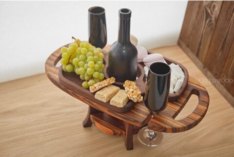 Laser Cut Wooden Wine Table And Glass Holder Free Vector File