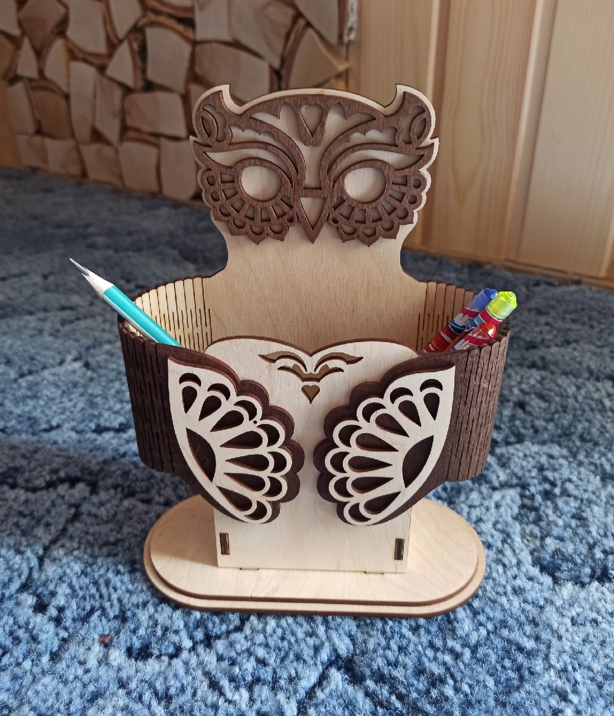 Pen Holder Owl Shaped Desk Organizer For Laser Cut Free Vector File