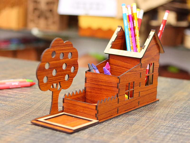Pencil Box House Pen Holder Template 3mm Laser Cut Free DXF File