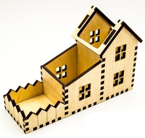 Pencil Organizer In Wooden House Pen Holder Box Laser Cut Free Vector File