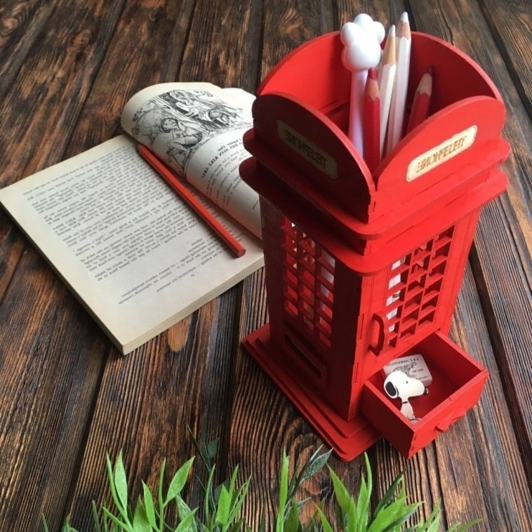 Telephone Booth Pencil Pen Holder With Drawer Laser Cut Free Vector File