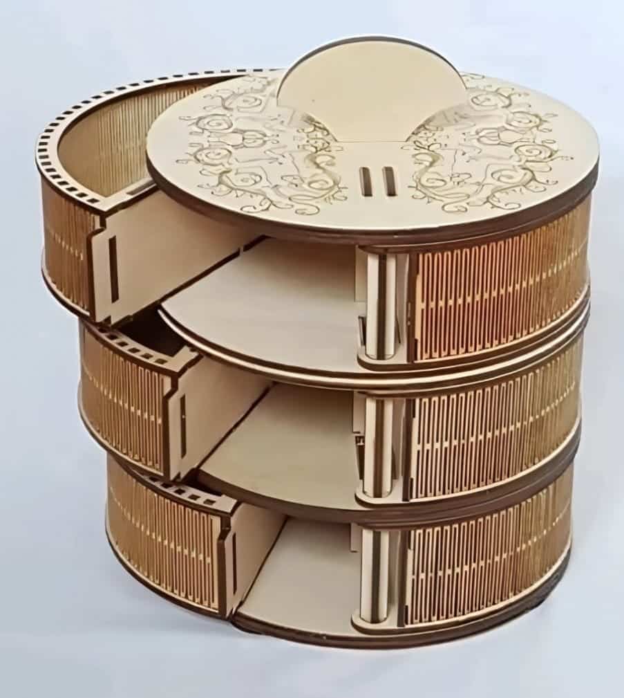 Three Layer Circle Cylinder Jewelry Box With Six Sections 3mm Laser Cut Free Vector File