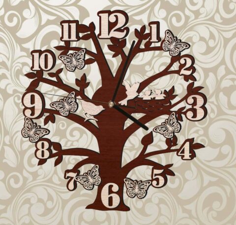 Tree Wall Clock With Birds And Butterflies Free Vector File