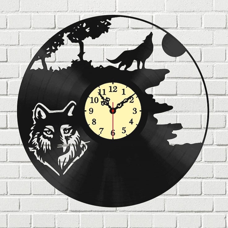 Wolf Vinyl Record Wall Clock Laser Cut Free Vector File