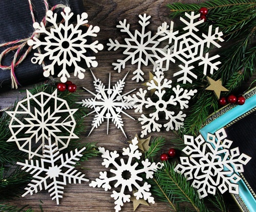 Wood Christmas Snowflake Ornaments Tree Hanging Decorations Laser Cut Free Vector File