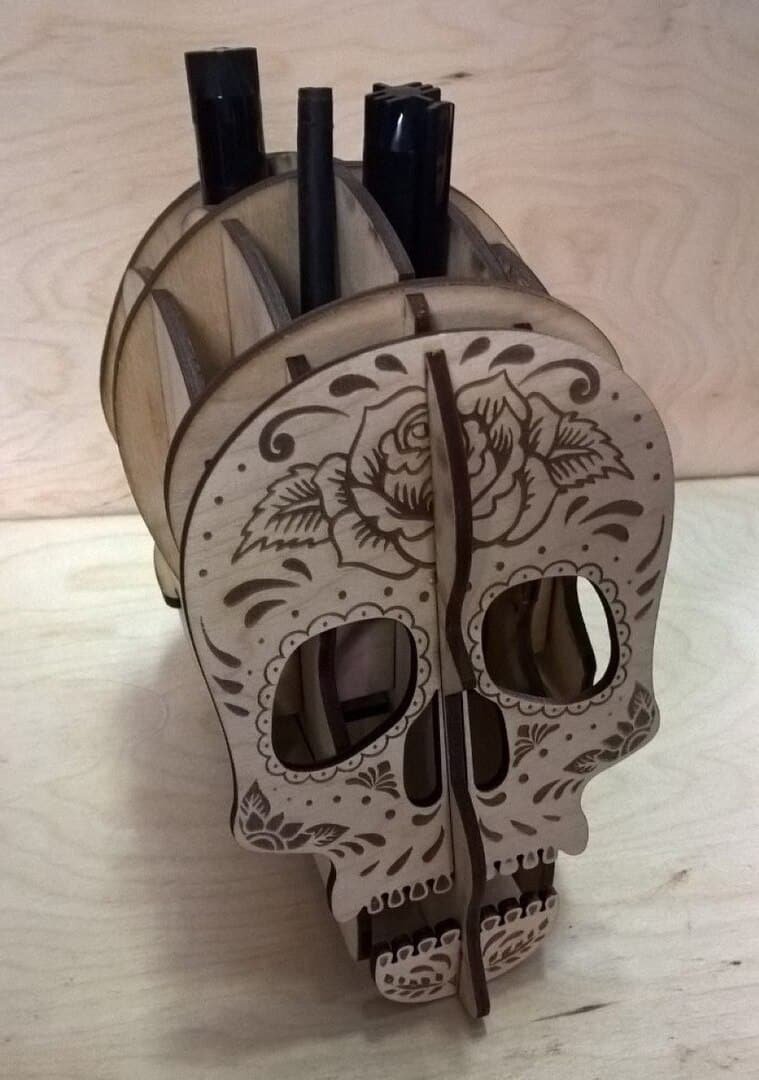 Wood Engraved Skull Pen Holder Desk Organizer Laser Cut Free Vector File