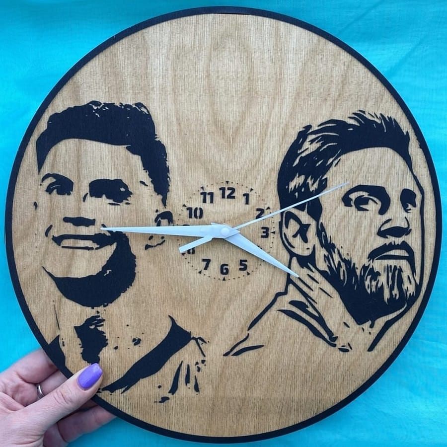 Wood Engraved Wall Clock For Messi And Ronaldo Fans Laser Cut Free Vector File