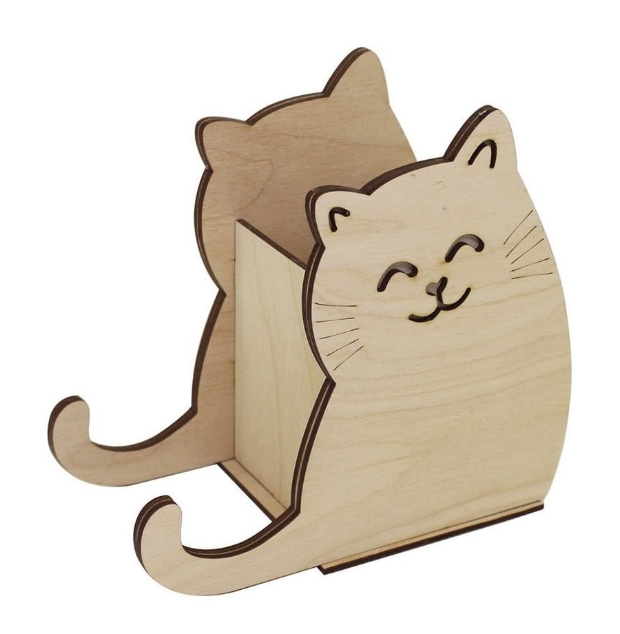 Wooden Cat Pen Pot Pencil Stand Laser Cut Free Vector File