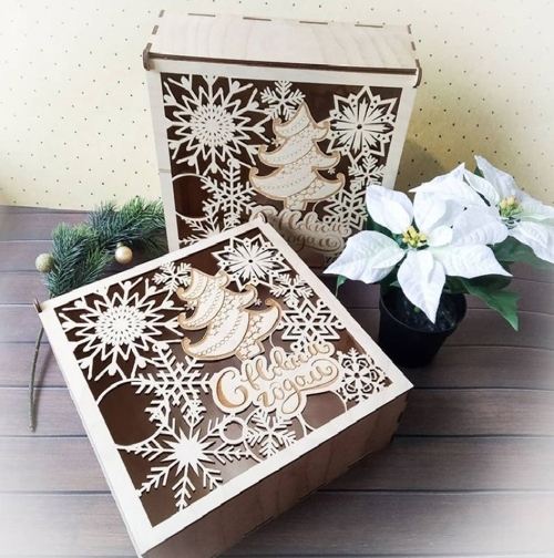 Wooden Christmas Eve Box Decorative Holiday Gift Box 250x250x80 Laser Cut Free Vector File