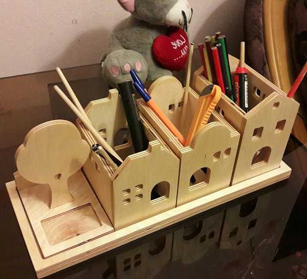 Wooden City Desk Organizer Idea Pen Holder Laser Cut Free Vector File