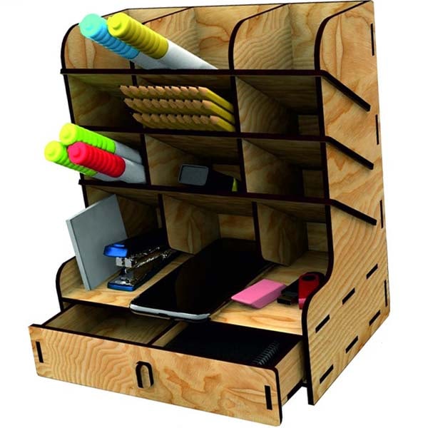 Wooden Desk Organizer Pencil Holder With Storage Drawer Stationery Organizer Laser Cut Free Vector File