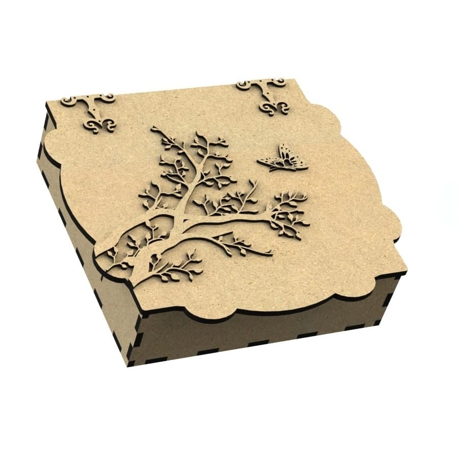 Wooden Gift Box With 3d Tree And Butterfly On Lid Laser Cut Free DXF File