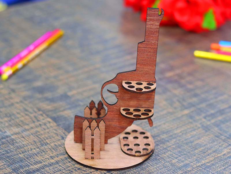 Wooden Gun Pencil Holder Desk Organizer Pen Stand 3mm Laser Cut Free Vector File