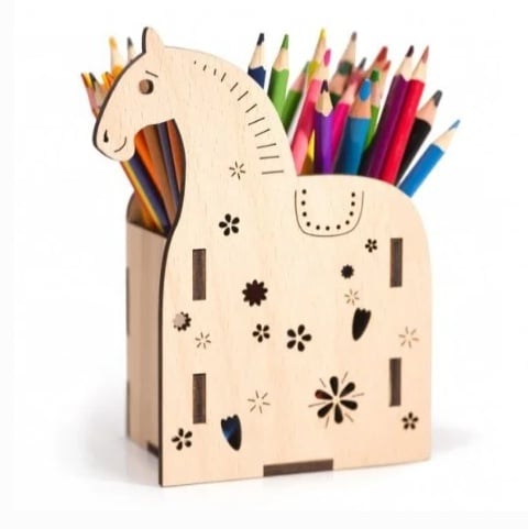 Wooden Horse Pen Pencil Holder Laser Cut Free Vector File