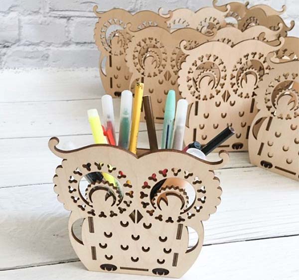 Wooden Owl Pencil Organizer Table Pen Holder Laser Cut Free Vector File