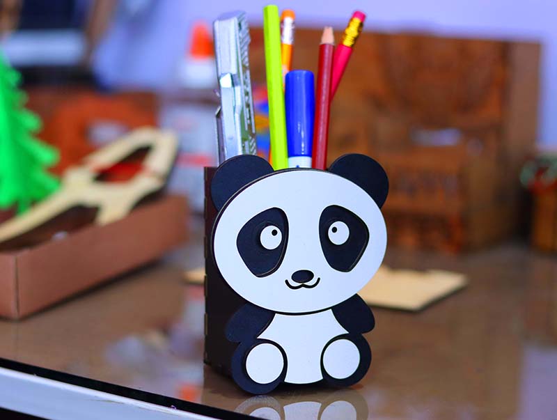 Wooden Pen Holder Cute Panda Pencil Box Desk Organizer 3mm Laser Cut Free Vector File