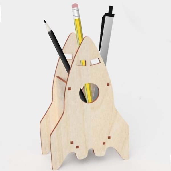 Wooden Rocket Shape Pencil Holder Desk Organizer Laser Cut Free Vector File