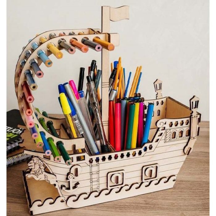 Wooden Ship Pencil Holder Desk Organizer 3d Puzzle For Kids Laser Cut Free Vector File