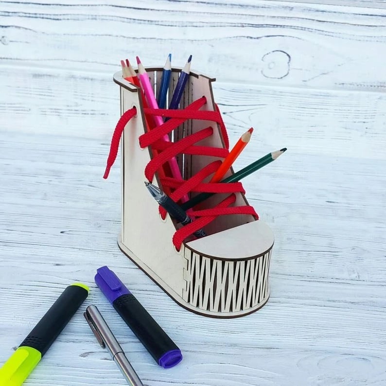 Wooden Shoe Shaped Pen Holder Laser Cut Free Vector File
