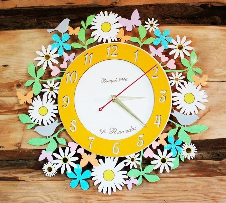 Wooden Wall Clock With Daisy Flowers And Birds Laser Cut Free Vector File