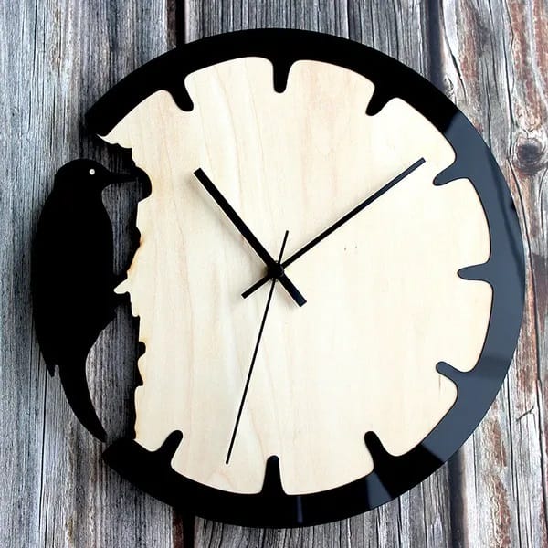 Woodpecker Round Wall Clock Laser Cut Free Vector File